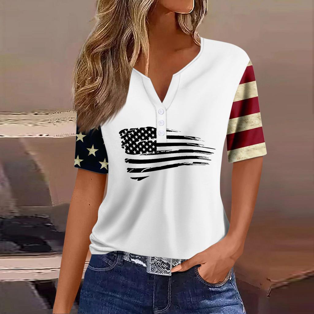 Жен. Футболка Футболка С принтом Пуговицы С короткими рукавами Повседневные Выходные Мода Классический V-образный вырез Обычный Верх