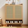 Shoe cabinet made of natural rattan with 2 doors and 5 shelves, for the hallway. With wooden handles and solid wood legs. Dimensions: W80/H105/D35 cm