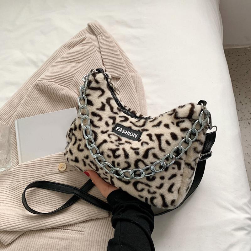 Зимняя сумка на плечо из искусственного меха, модные сумки кроссбоди с анималистичными принтами для женщин, дизайнерские женские сумки с цепочкой, сумки под мышкой CLE