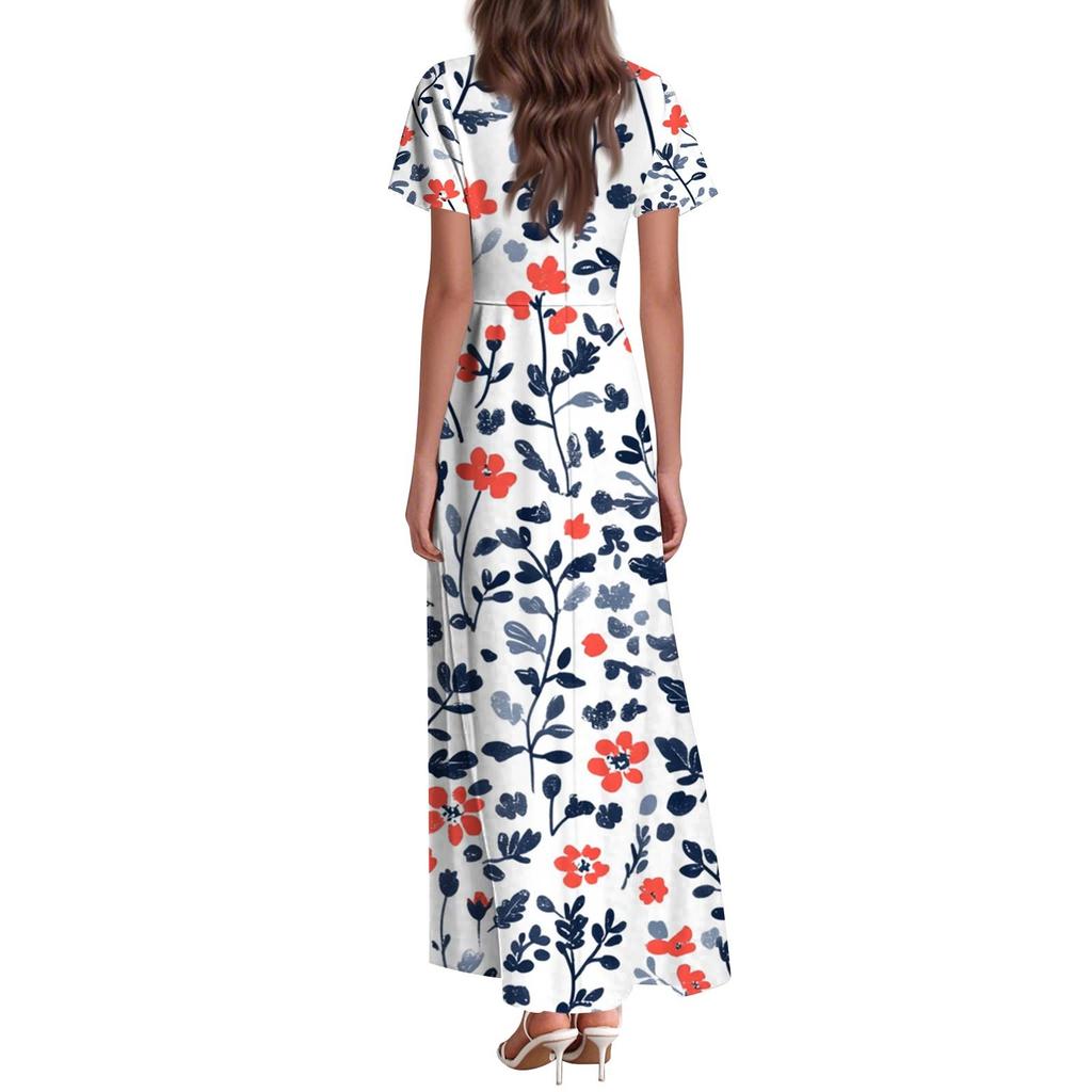 Женские летние повседневные модные платья с принтом и короткими рукавами и V-образным вырезом