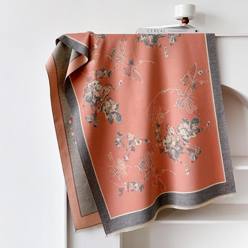 Korean Version Of Butterfly Love Flower Imitation Cashmere Thickened Winter Warm Scarf Fashion Shawl Double-Sided Printed Scarf