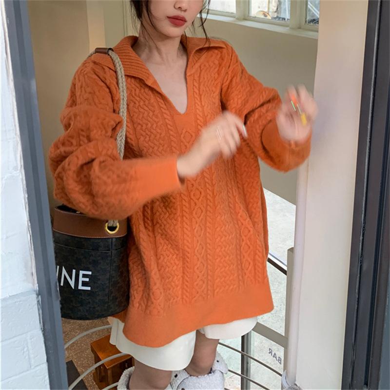 Свитер с V-образным вырезом средней длины с косами женский однотонный свободный женский вязаный свитер большого размера