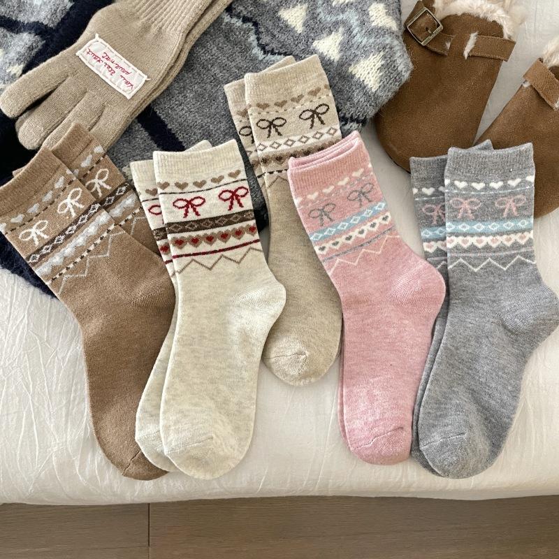 Женские осенне-зимние теплые и толстые носки-трубы с бантом, сочетающиеся по цвету