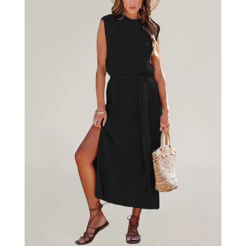 Women's Round Neck Solid Colour Split Belt Knitted Dress