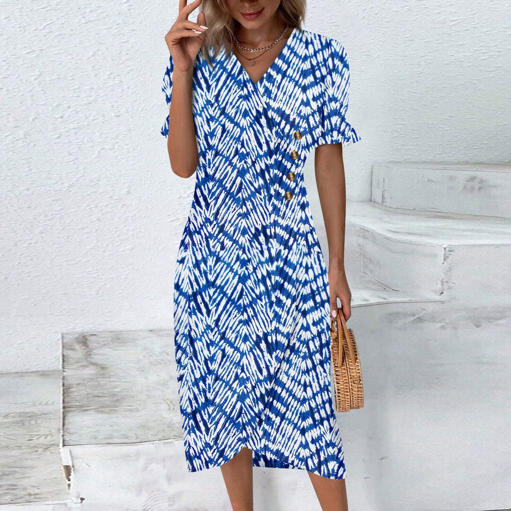 Пляжные платья для женщин, весна-лето, элегантное платье с запахом и V-образным вырезом в стиле бохо, струящееся гавайское платье макси с рюшами