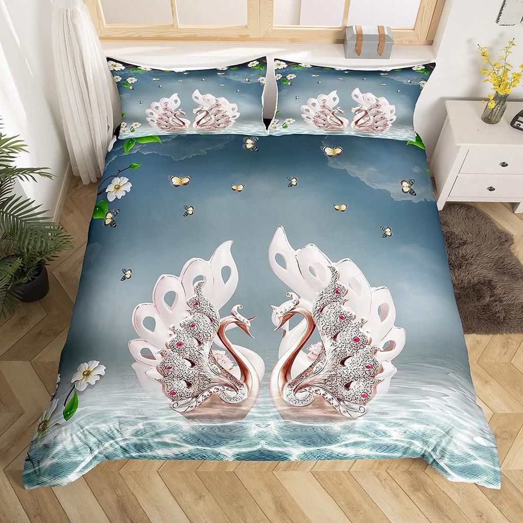 Romantic Swan Duvet Cover Set King Wild Animal Comforter Cover Butterfly Floral Bedding Set For Valentine's Day Wedding Decor