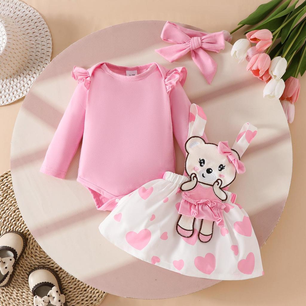 Sweet Cartoon Bear Baby Girl Summer Skirt Set - Includes Solid Color Short-Sleeved Top, Suspender Skirt, and Hairband.