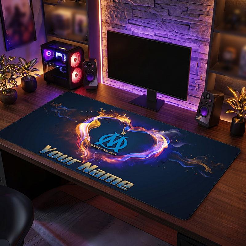 Olympique Marseille FC Custom Large Mouse Pad, Personalized Name Text Print, Football Logo Non‑Slip Desk Mat Gaming Gift