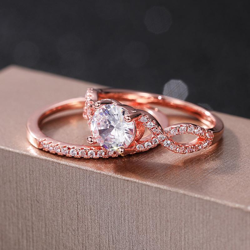 Новый цвет розового золота, двойной штабелируемый набор колец, женские шикарные аксессуары, полный цирконий, женские вечерние украшения, эстетические кольца из 2 шт.