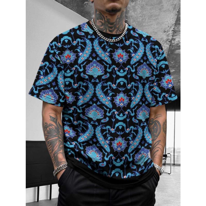 Bohemian Bandana Patterned Short - Sleeve Tops Summer Round Neck 3D Print Fashionable Casual Men's T-shirts