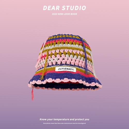 Korean Retro Stripe Handmade Crochet Bucket Hats Autumn and Winter Y2k Fisherman's Cap Women Tassel Colored Wool Hats