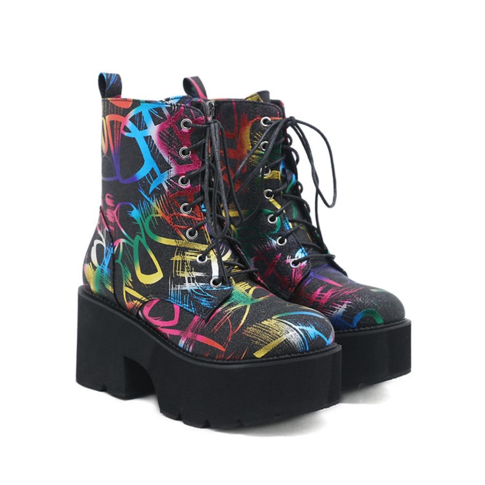 Fashion 2025 Colorful Striped Round Toe Women's Ankle Boots with Velvet Zipper Thick Soled Boots Women Shoes Zapatos De Mujer