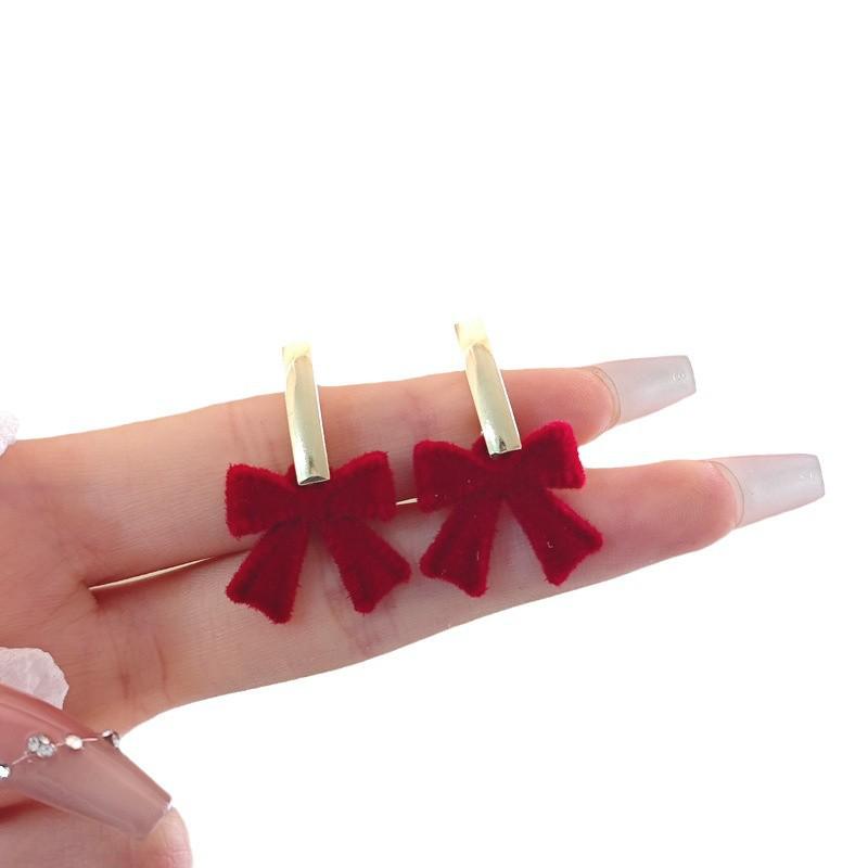 2025 Festive Red Flocked Bow Earrings for Women