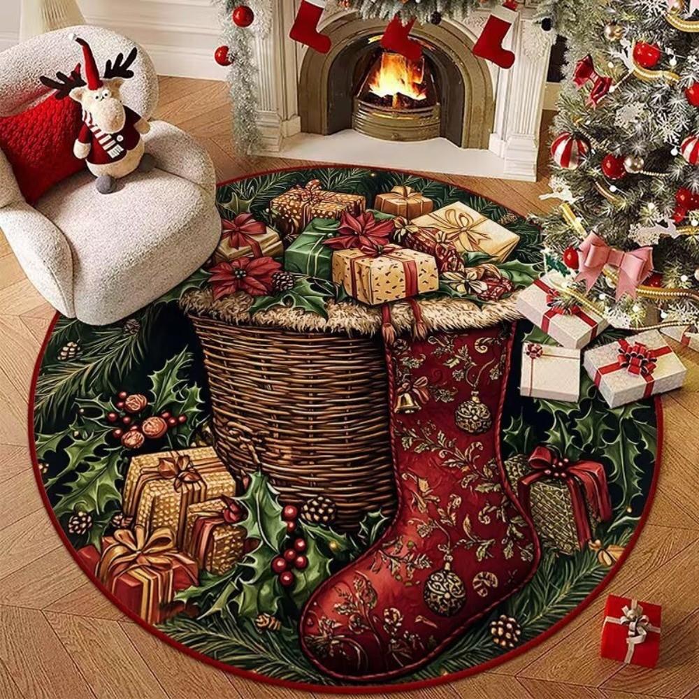 Non-Slip 3D Illusion Rug Santa Claus Xmas Home Decor Cartoon Cute Round Vortex Carpet Outdoor