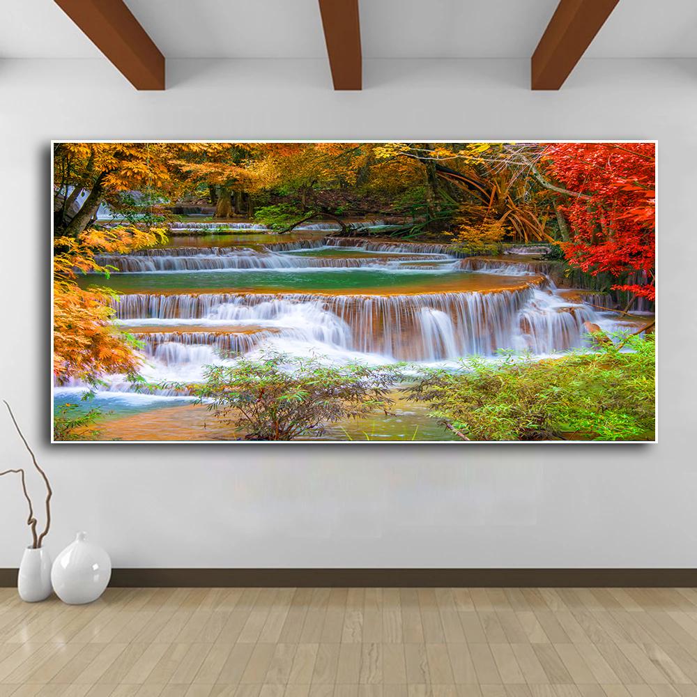 Природный пейзаж, водопад, настенные картины, холст, живопись, настенное искусство, зеленое, красное дерево, лес, постеры, принты для декора гостиной