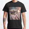 Men Fashion Casual Short Sleeves Super Cute Cat with Green Eyes Black Tees Oversized T-shirts