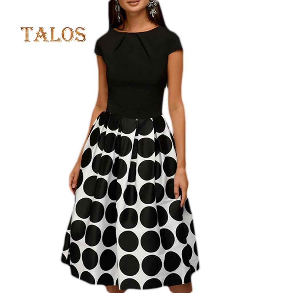 TALOS Женское свободное платье миди в горошек с короткими рукавами и круглым вырезом в стиле пэчворк