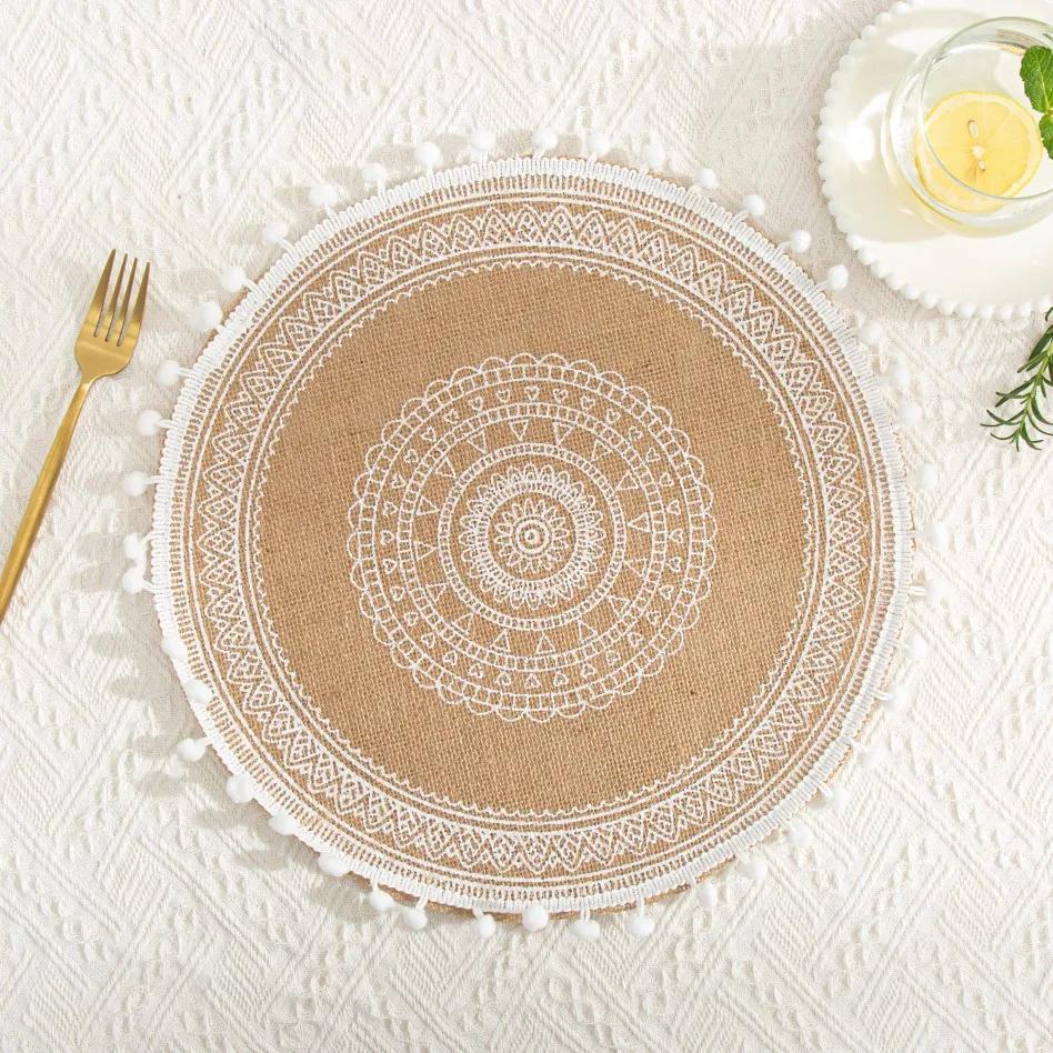 1 шт. Круглая вышитая салфетка для стола, тканая хлопковая салфетка для кофейных чашек, подставка под столовые приборы, украшение для кухни