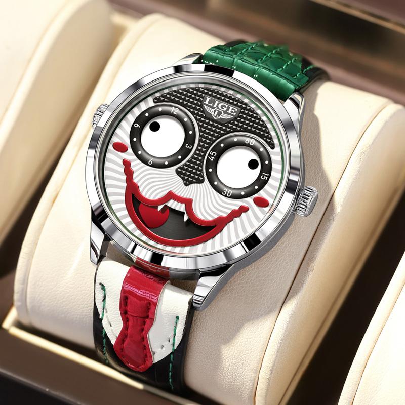 LIGE Creative Watches For Men Clown Fashion Quartz Wristwatches Waterproof Leather Strap Mens Watch Cool Joker Reloj Hombre