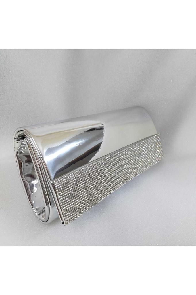 Women's Stylish and Useful Evening Dress Bag Silver Lame Shiny Mirror Fabric Stone Evening Dress Bag