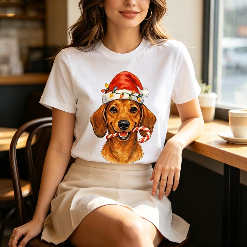 Watercolor Christmas Dachshund Tee Unisex Santa Hat Candy Cane Dog Casual Short Sleeve T Shirt 100Cotton Tee Harajuku Y2k Top