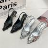 Women High Heel Sandals Summer New Fashion Sequins Shiny Party Pointed Toe Low Heel Sexy Luxurious Silver High Heel Sandals