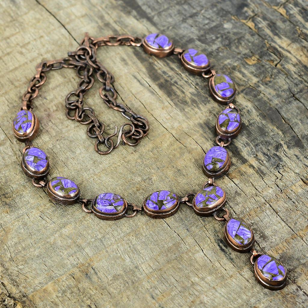 Медное колье с чароитом, колье из электроформированной меди, колье с регулируемой цепочкой, украшения с драгоценными камнями, ручная работа, колье с камнем рождения, подарки для нее