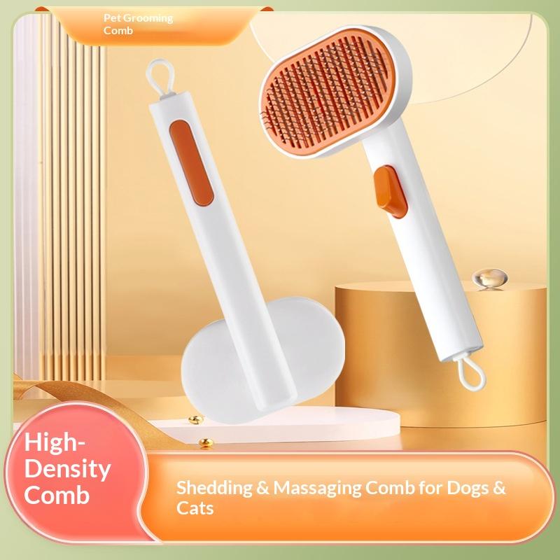 High Density Stainless Steel Teeth Pet Cat Hair Removal Comb with Self Cleaning Massage and One-Click Function