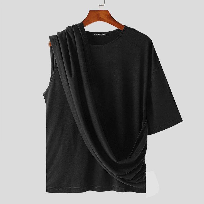 INCERUN Мужские нестандартные топы с рюшами, повседневные однотонные футболки из ткани