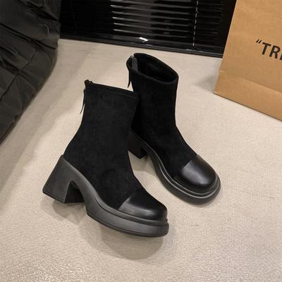 2025 осень и зима новые короткие ботинки на толстой подошве и толстом каблуке женские эластичные на среднем каблуке с круглым носком задняя молния мартин женские ботинки