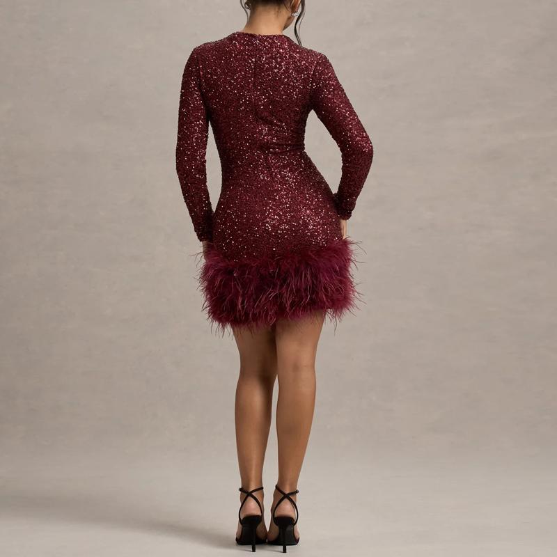 Платье с круглым вырезом и пайетками, сексуальное женское, пэчворк, перо, подол, облегающее вечернее платье, элегантное, с длинным рукавом, на молнии, облегающее мини-платье, новая мода