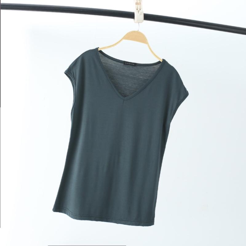 Solid V Neck Basic Tshirt Women Summer Modal Loose Tee Tops Casual Undershirt
