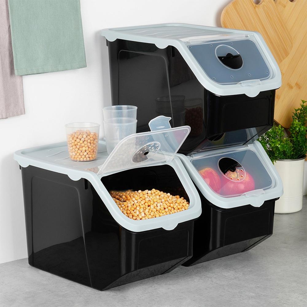 Vegetable And Fruit Container With Lid, Black, 12 L, 3 Pcs.