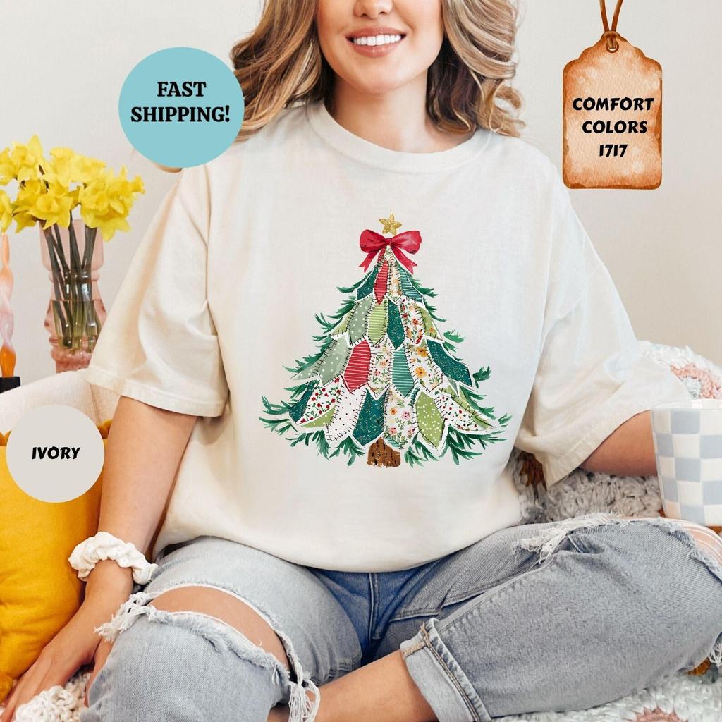 Comfort Colors Patchwork Christmas Tree Shirt, Womens Xmas Tshirt, Coquette Holiday Tee, Not Embroidery