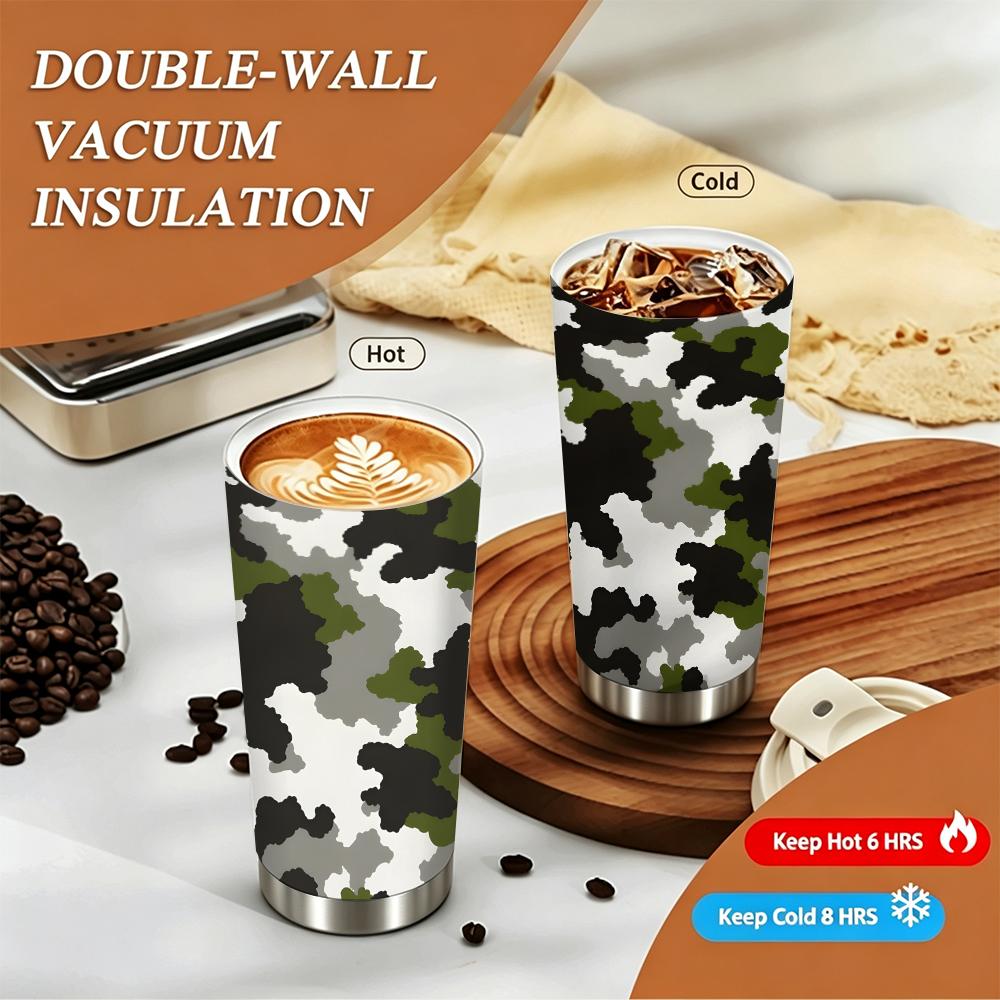 Camouflage Print Outdoor Travel Mug, Insulated Coffee Tumbler Walled Vacuum Thermal Cup, Leakproof Stainless Steel Flask for Camping Hiking