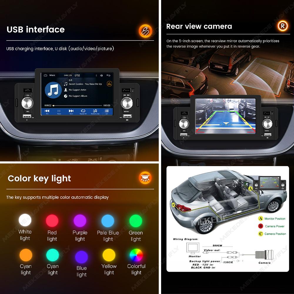 Navifly 5" Touch Screen 1 Din MP5 Player Universal Car Radio Multimedia Player Wireless Carplay Android Auto FM Stereo Receiver