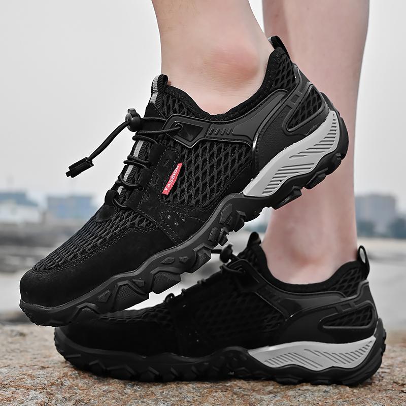 Men’s Outdoor Hiking Shoes Grey Driving Shoes Casual Slip on Summer Black Mesh Shoes Plus Size 45 46