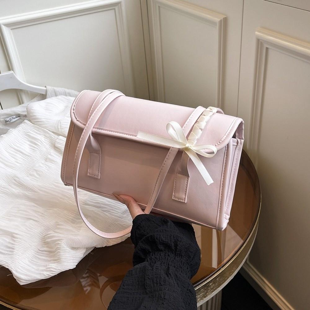 Solid Color Bow Ribbons Shoulder Bag Leisure Women's Handbag Large Capacity Underarm Bag Daily