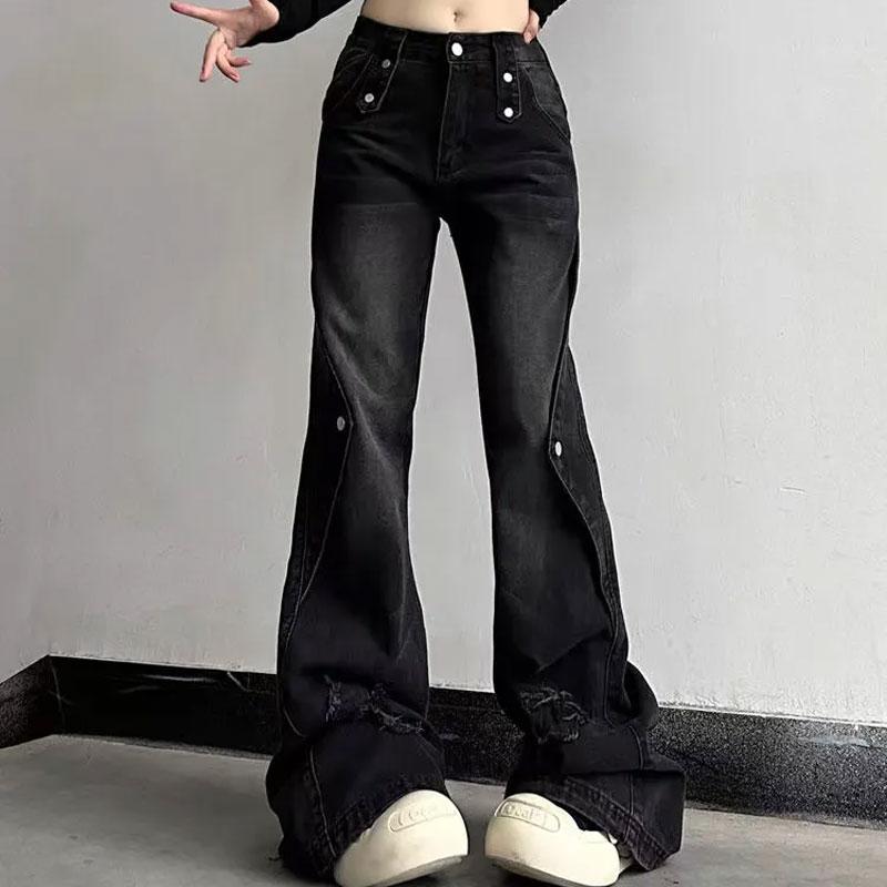 Ретро Широкие Джинсы Bootcut Осень Зима Черные Потертые Женская Одежда Джинсовые Брюки Шикарные Рваные Брюки на Пуговицах
