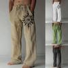 Men's Loose Casual Solid Color Cotton Linen Trousers Elastic Tie Printed Straight Pants