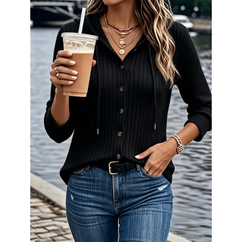 Women S Long Sleeve Hooded Knit Cardigan Button Solid Color