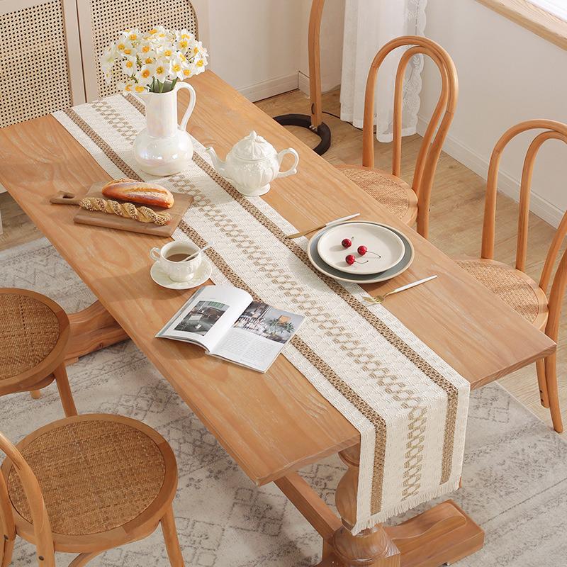Vintage Cotton Linen Table Runner with Tassel Fringe – Light Luxury for Coffee Tables, Dining Tables, TV Stands, Chests, Shoe Cabinets, or Sideboards.