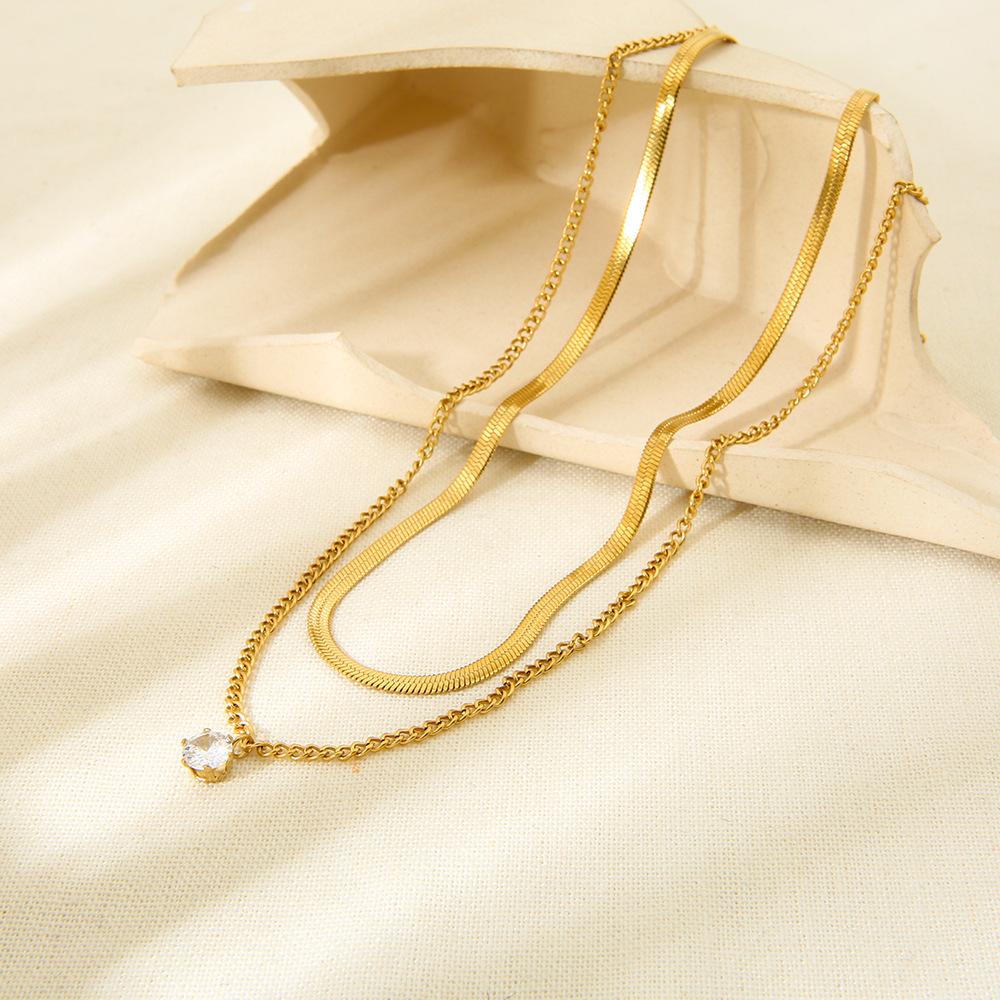 ins Fashion Round Zircon Pendant Double Necklace Plated 18k Gold Stainless Steel Flat Snake Chain Design Sense Jewelry