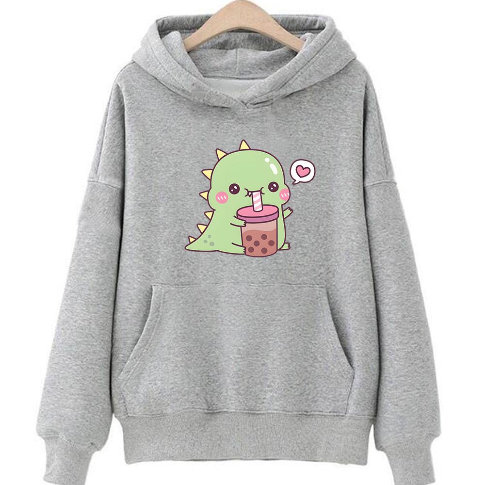 Kawaii/милый Boba Tea Dinosaur Hoodies Women/Men Casual Hoody Winter Fleece Clothing Long Sleeve Korean Esthetic Pullover