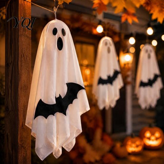 Outdoor Yard Party Props 3Pcs Hanging Ghost Bats LED Light, Halloween Fabric Spooky Bat Silhouette Pendants for Porch Indoor Decor, Festival