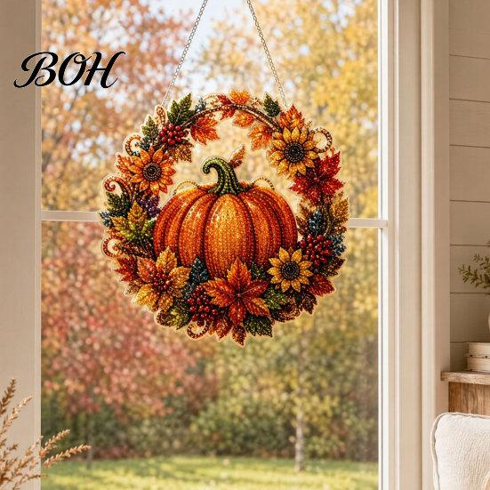 Seasonal Home Decor Fall Pumpkin Sunflower Wreath Hanging Decor, Acrylic Hand Painted Decorative Holiday Accent Window Ornament, Thanksgiving