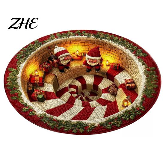 Vivid Printed Holiday Rug Christmas Round Area Rug, 3D Optical Illusion Floor Mat with Santa Candy Cane Washable Living Room Print, Non-Slip