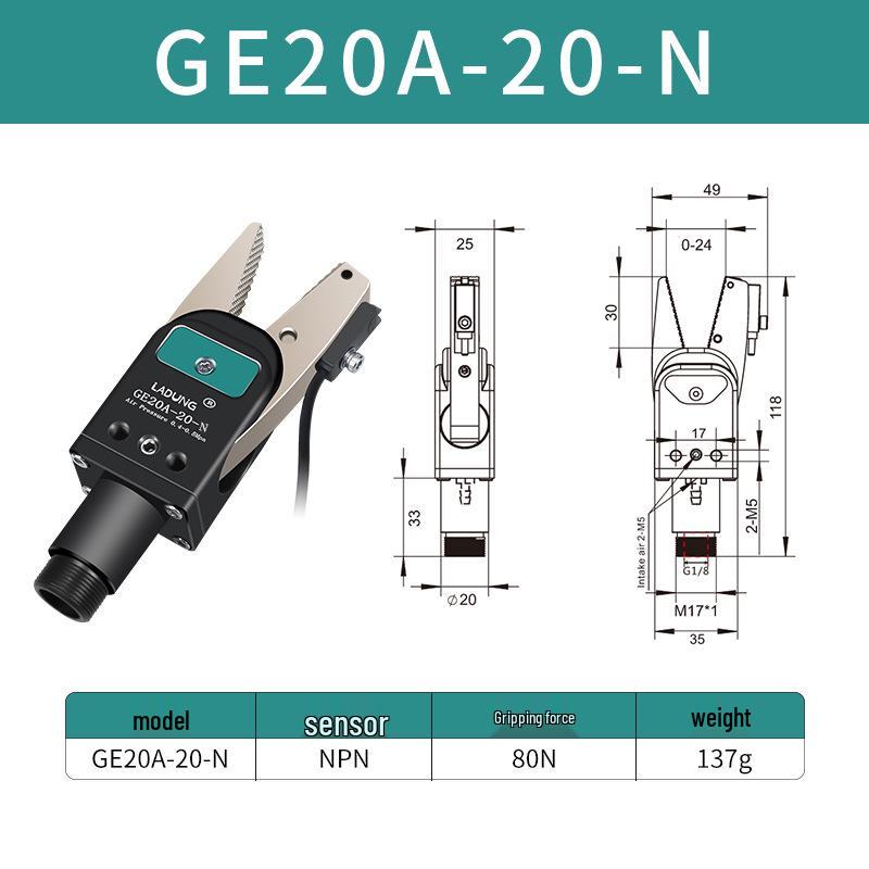 Double-Acting Pneumatic Needle-Nose Gripper GE20B-20 for Robotic Arm and Water Jet Applications
