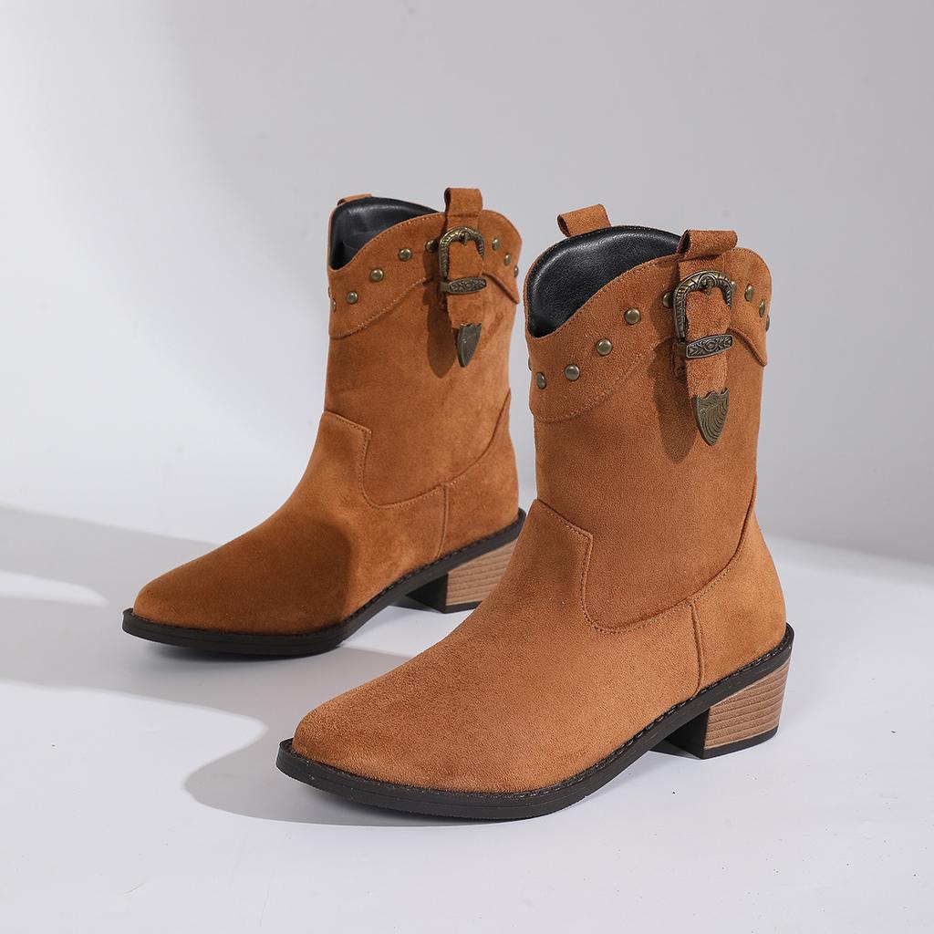 Fashion Sexy Pointed Toe Western Cowboy Boots Women 2025 Autumn Fashionable Metal Rivets Mid Calf Suede Booties Non Slip Riding Boots