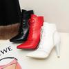 Women's High Heel Short Boots Autumn and Winter New Carved Vintage Style Pointed Thin Heel Solid Lace Up Short Boots
